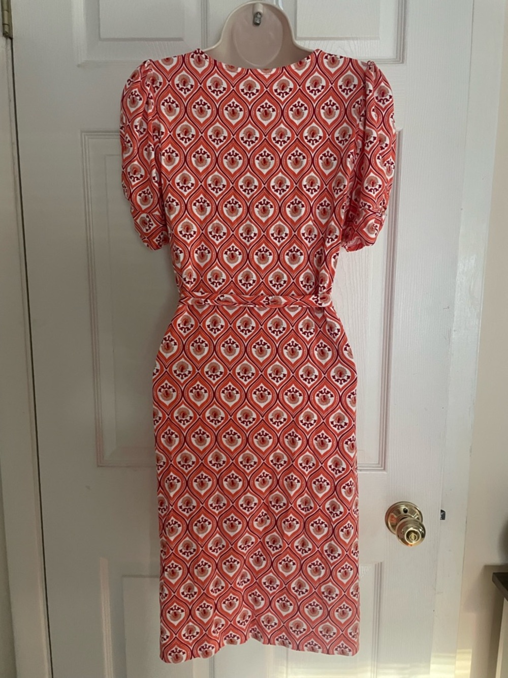 Boden Coral & White Geometric Tie-Waist Midi Dress - Picture 2 of 3